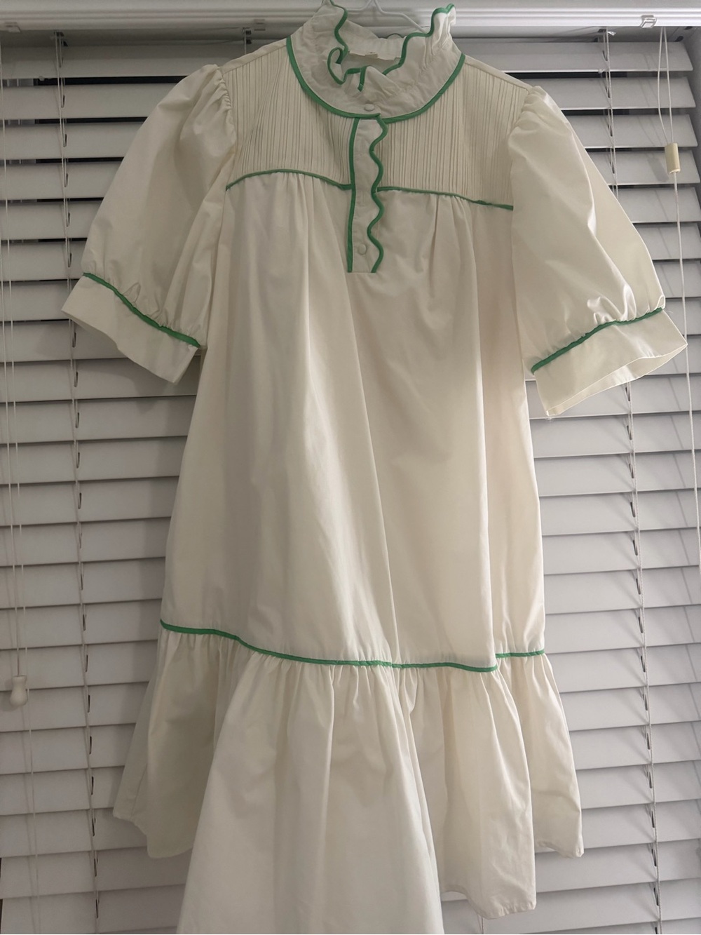 entro Cream Ruffle Dress with Green Trim